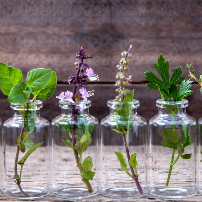 Essential oils around the foot.