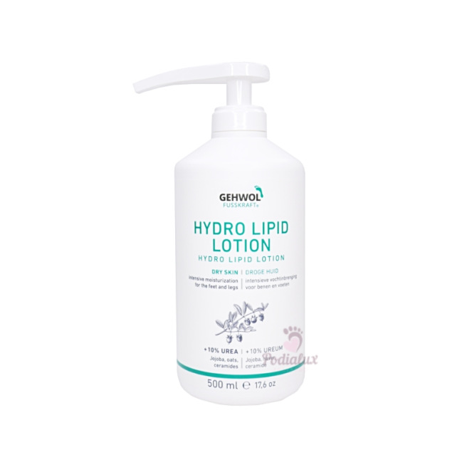 Crème voor de droge en gedehydrateerde huid van de voeten. Fusskraft hydro-lipide lotion. Gehwol. 500ml