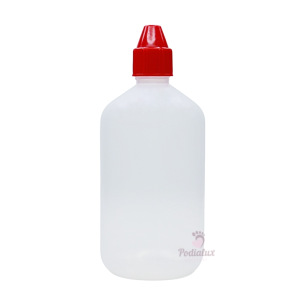 Fles met rode dop en druppelaar.