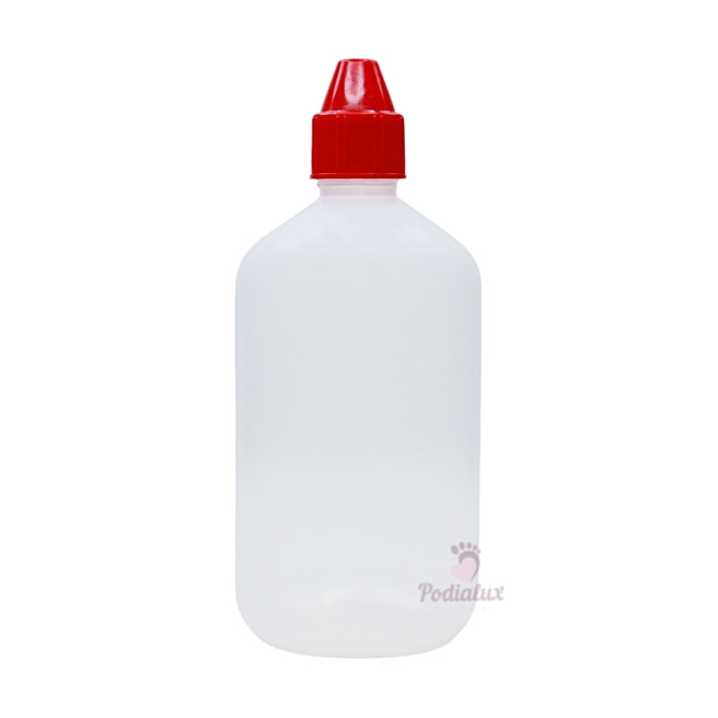 Fles met rode dop en druppelaar.